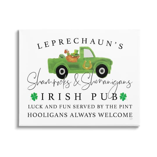 Stupell Industries Irish Pub Whimsical Leprechaun Green Shamrock Details Canvas Wall Art